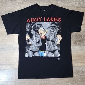 Popeye Cartoon Black Graphic Novelty Tee - Ahoy Ladies Great Condtition 2010s